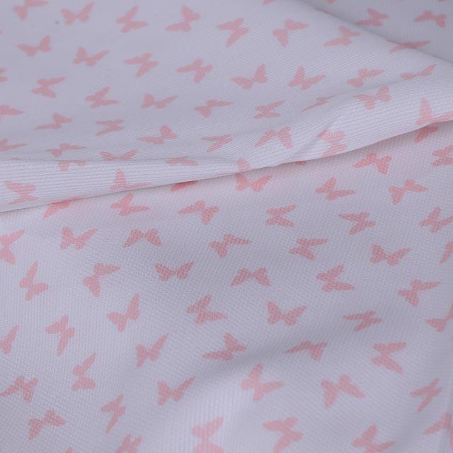 Tessuto rigatino bianco con piccoli  farfalle rosa Stafil cm 150 x 50