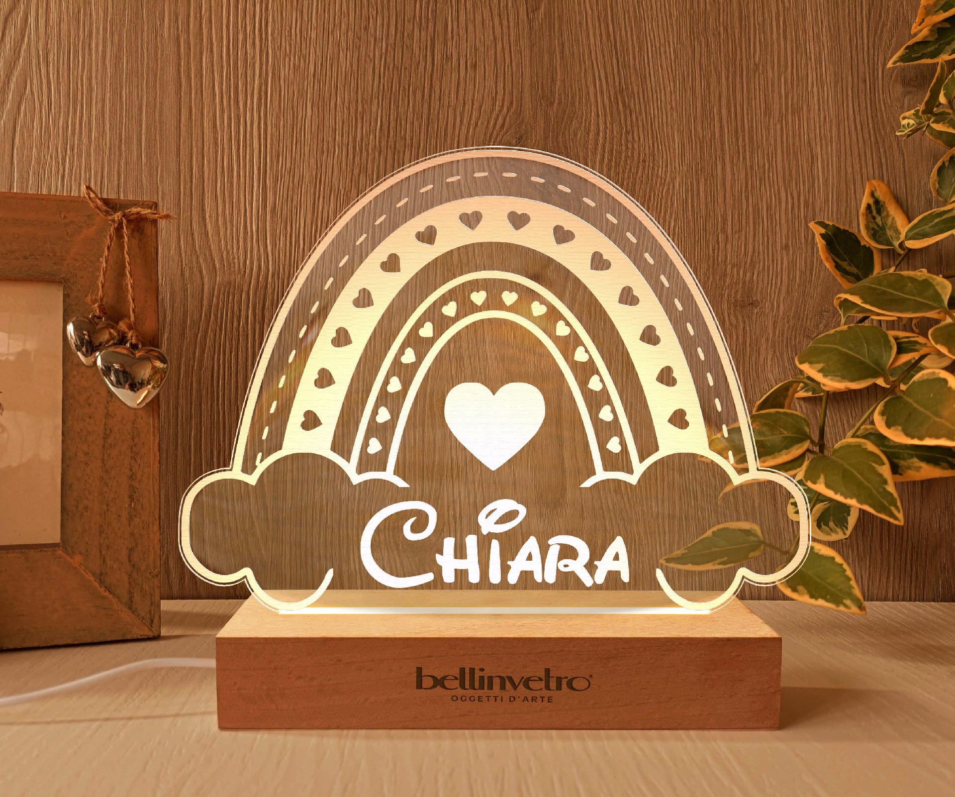 Lampada LED in plexiglass | NIGHT LIGHT | arcobaleno e nuvole con base in legno BELLINVETRO VR 388