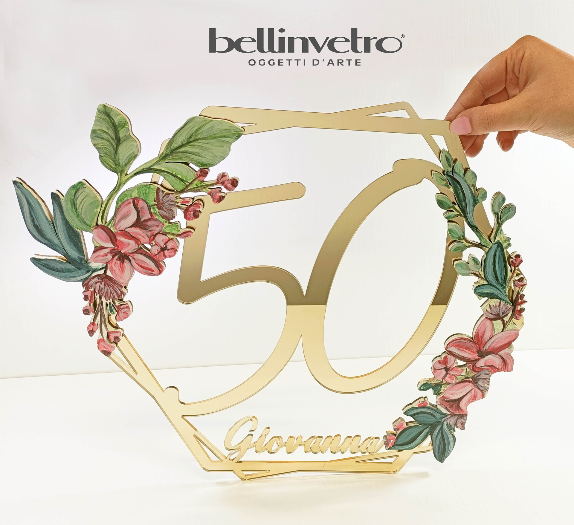 Numero in plexiglassa specchiato con decorazione floreale e nome - forma esagonale BELLINVETRO VR-UV432