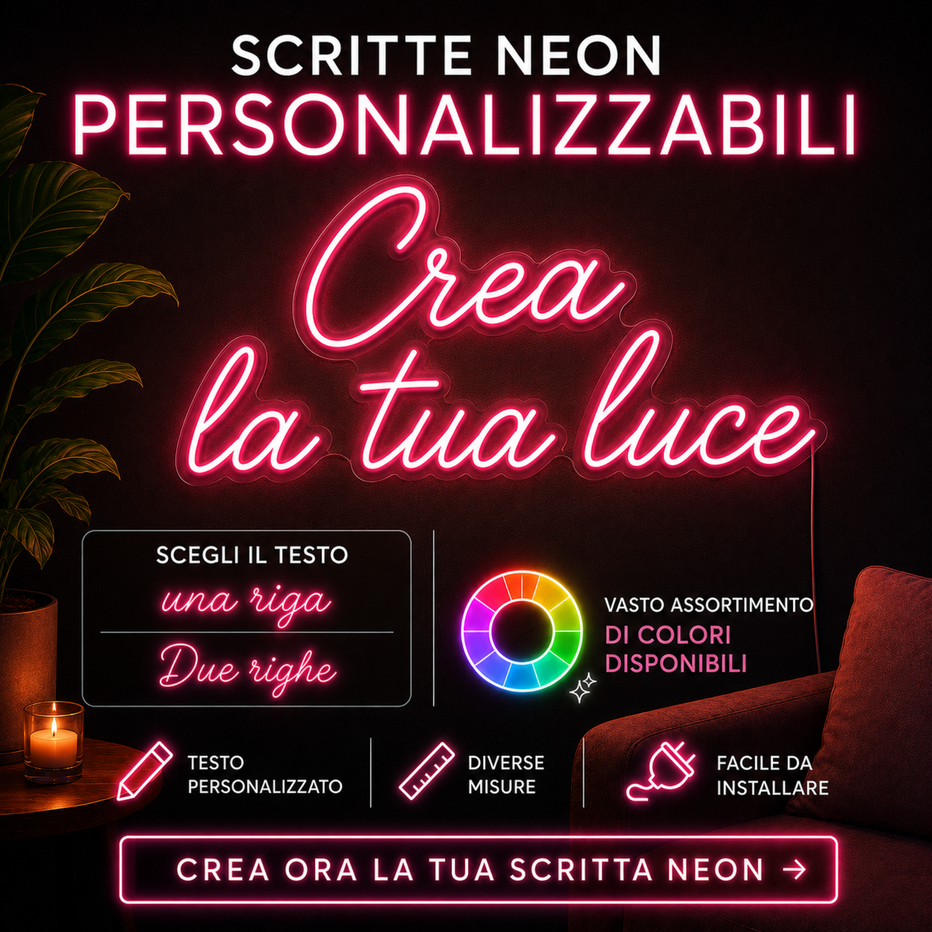 Scritta neon su 2 righe | LED INCASSATO | PERSONALIZZABILE | monocolore da parete BELLINVETRO