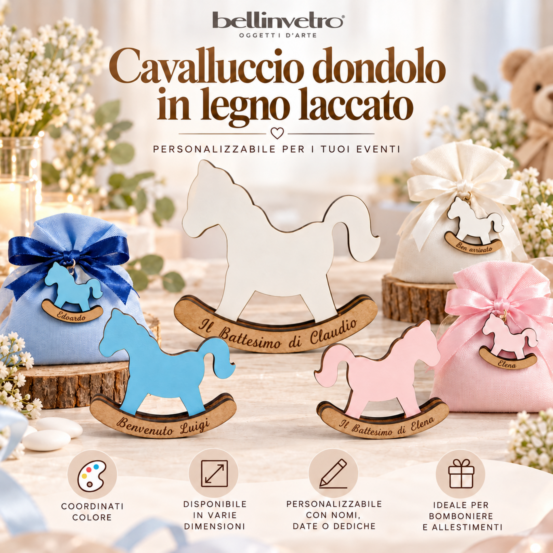 Cavalluccio dondolo in legno bomboniera segnaposto BELLINVETRO VR 155