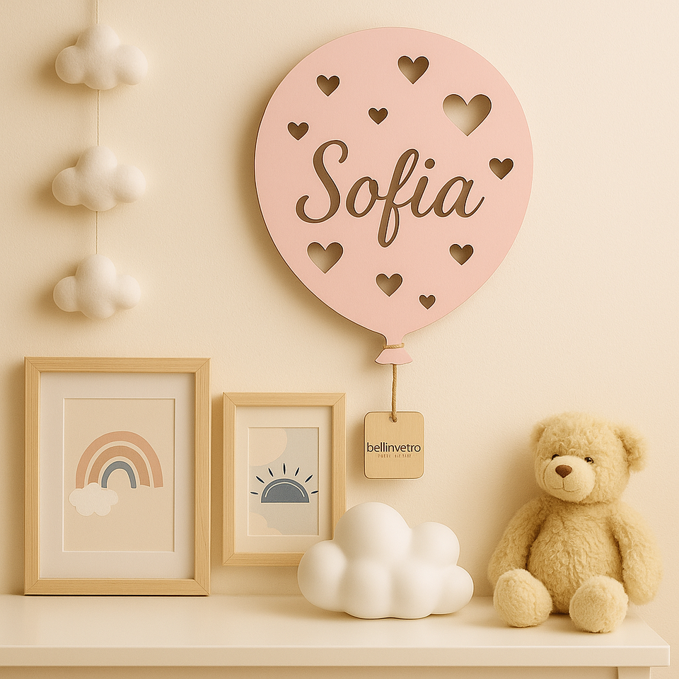 Lampada LED Palloncino a parete  in legno colorato con nome personalizzato BELLINVETRO VR 1216