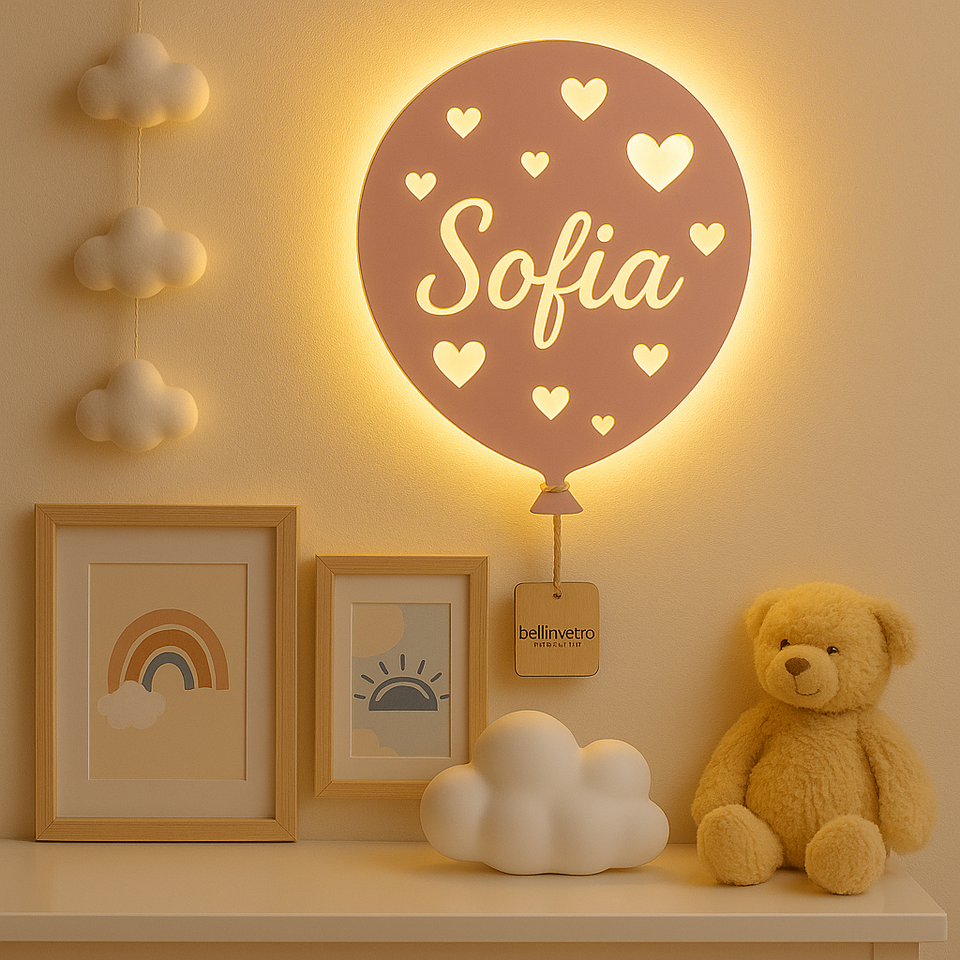 Lampada LED Palloncino a parete  in legno colorato con nome personalizzato BELLINVETRO VR 1216