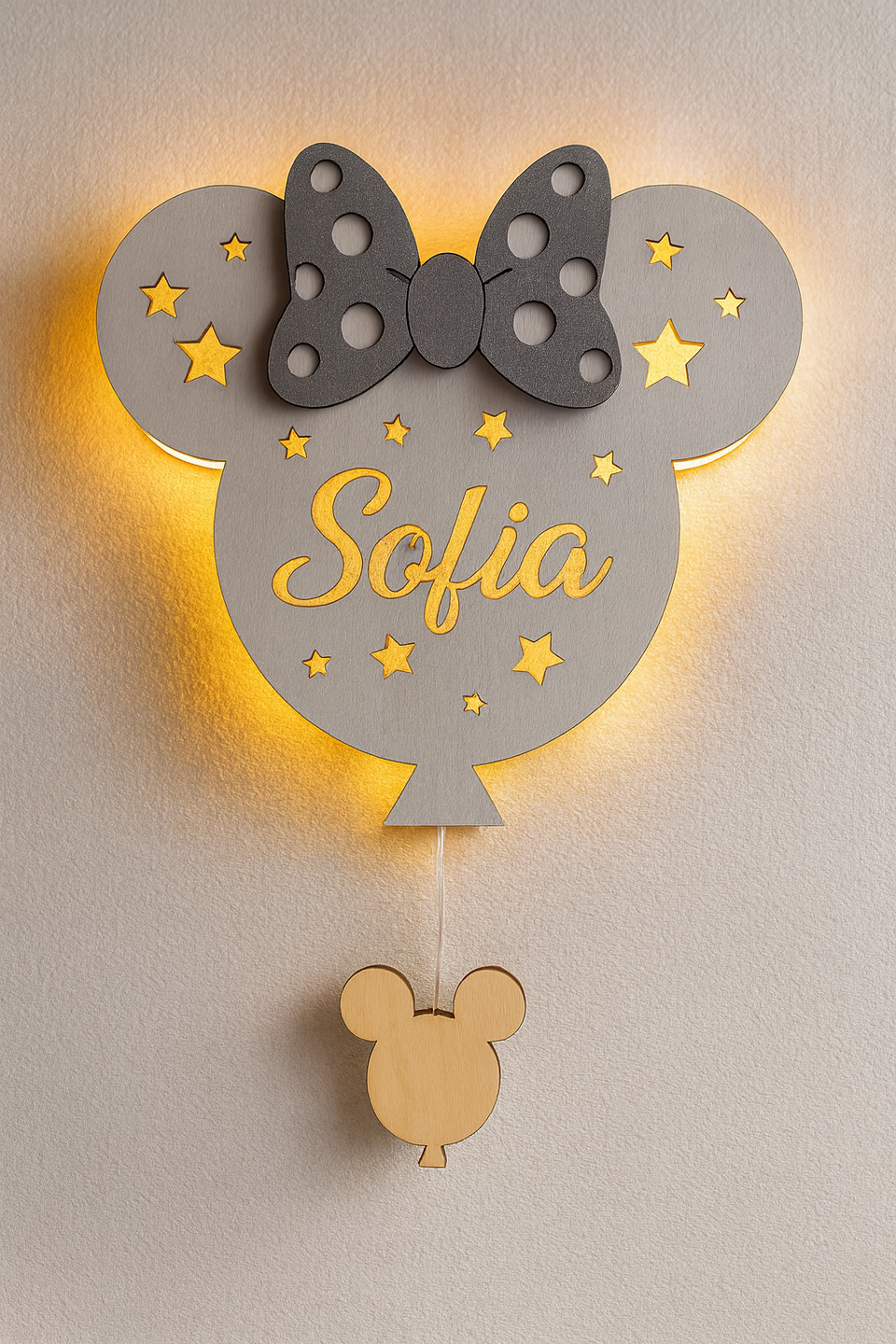 Lampada Minnie a parete in legno con nome personalizzato BELLINVETRO VR 1427