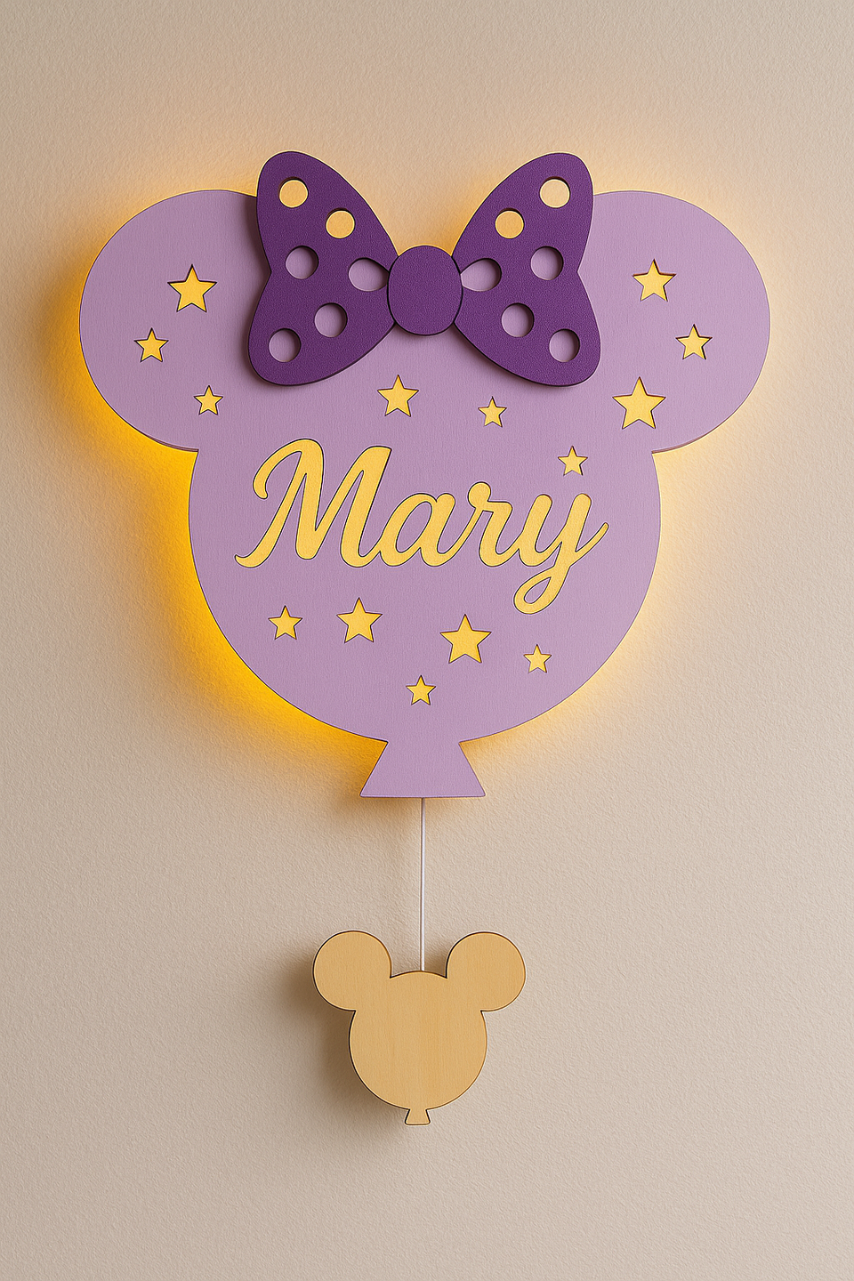 Lampada Minnie a parete in legno con nome personalizzato BELLINVETRO VR 1427