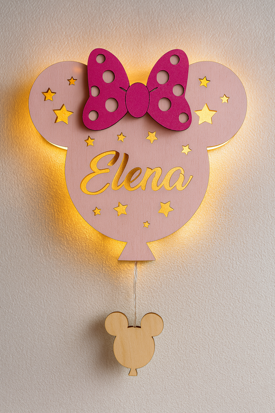 Lampada Minnie a parete in legno con nome personalizzato BELLINVETRO VR 1427