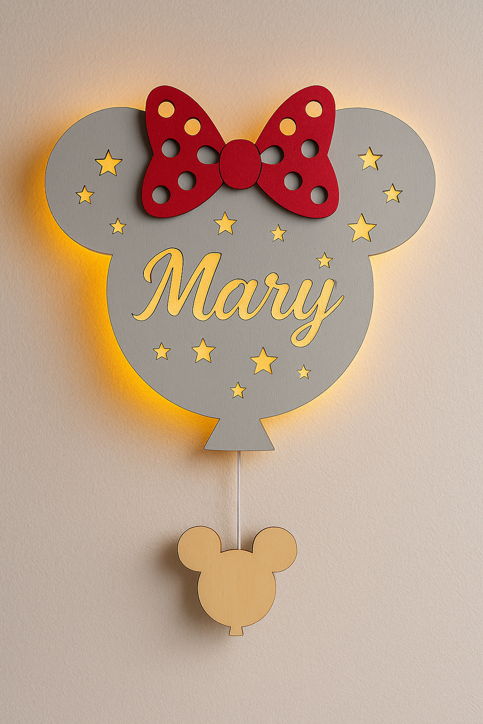 Lampada Minnie a parete in legno con nome personalizzato BELLINVETRO VR 1427