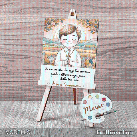 Cavalletti con quadretti | tele con tavolozze in legno per comunione bimbo bimba BELLINVETRO VR-UV 1204