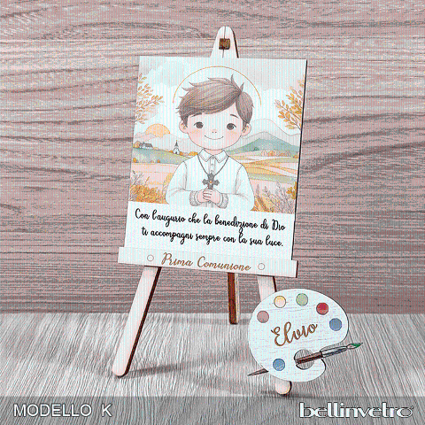 Cavalletti con quadretti | tele con tavolozze in legno per comunione bimbo bimba BELLINVETRO VR-UV 1204