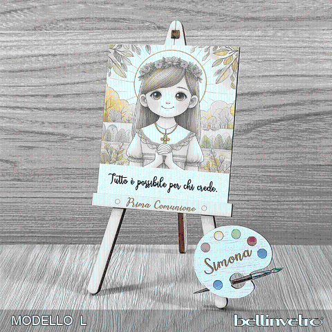 Cavalletti con quadretti | tele con tavolozze in legno per comunione bimbo bimba BELLINVETRO VR-UV 1204