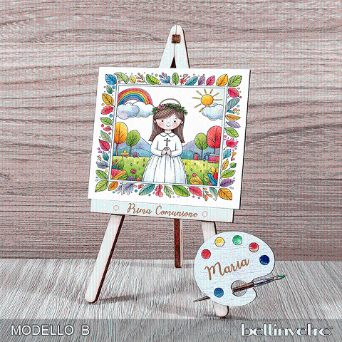 Cavalletti con quadretti | tele con tavolozze in legno per comunione bimbo bimba BELLINVETRO VR-UV 1204