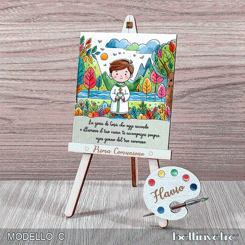 Cavalletti con quadretti | tele con tavolozze in legno per comunione bimbo bimba BELLINVETRO VR-UV 1204