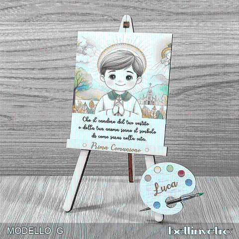 Cavalletti con quadretti | tele con tavolozze in legno per comunione bimbo bimba BELLINVETRO VR-UV 1204