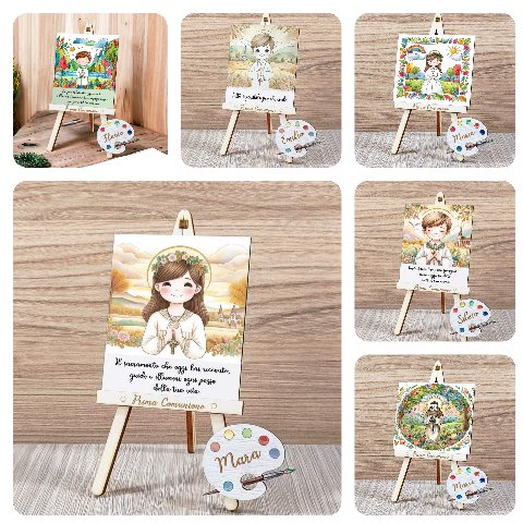 Cavalletti con quadretti | tele con tavolozze in legno per comunione bimbo bimba BELLINVETRO VR-UV 1204