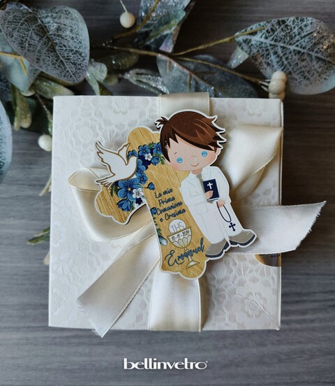 Bomboniera in legno comunione bimbo/bimba con croce BELLINVETRO VR-UV 440