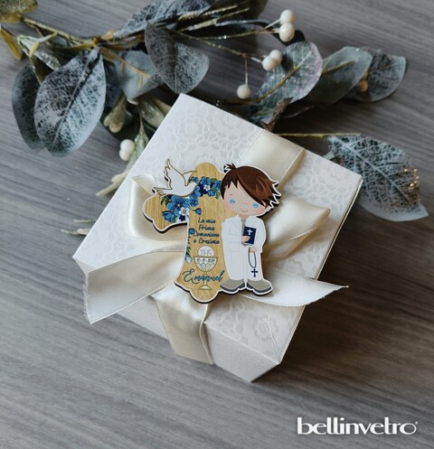 Bomboniera in legno comunione bimbo/bimba con croce BELLINVETRO VR-UV 440