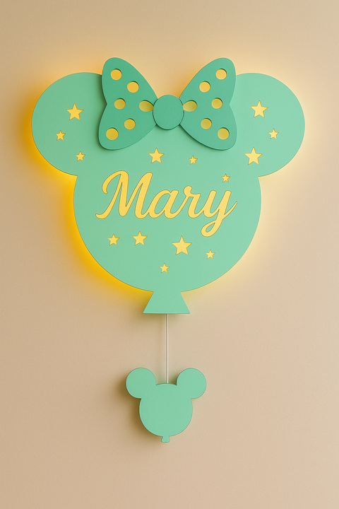 Lampada Minnie a parete in legno con nome personalizzato BELLINVETRO VR 1427