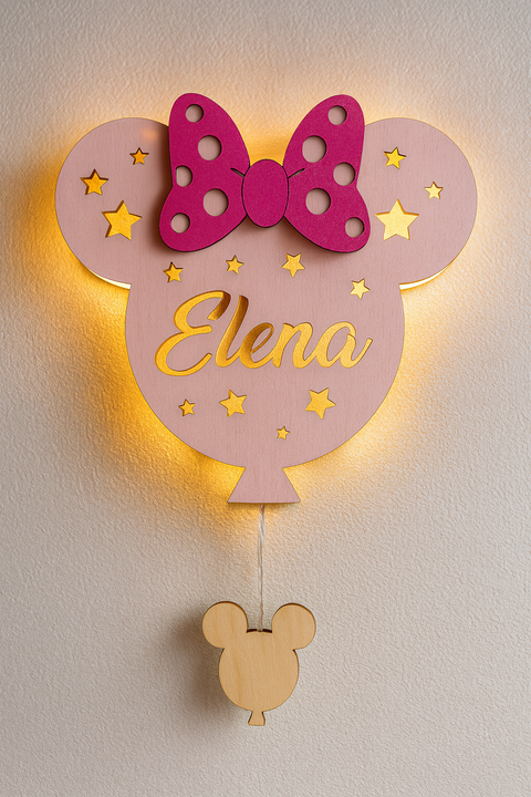 Lampada Minnie a parete in legno con nome personalizzato BELLINVETRO VR 1427