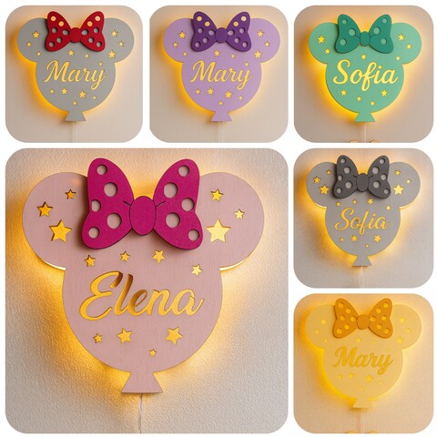 Lampada Minnie a parete in legno con nome personalizzato BELLINVETRO VR 1427