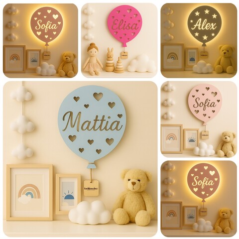 Lampada LED Palloncino a parete  in legno colorato con nome personalizzato BELLINVETRO VR 1216