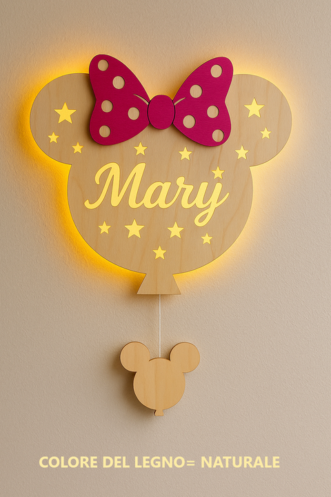 Lampada Minnie a parete in legno con nome personalizzato BELLINVETRO VR 1427