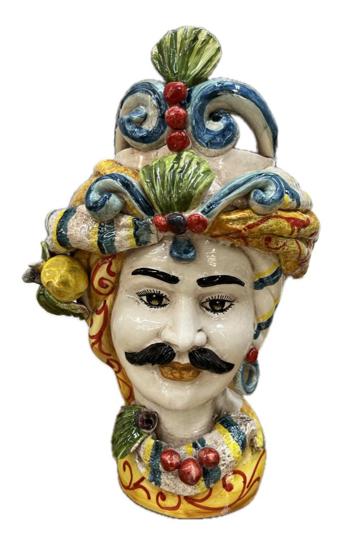 Teste di Moro decorate con corona, turbante e limoni Produzione artigianale di Caltagirone H 30cm