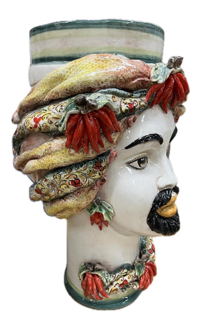 Teste di Moro decoro verde con peperoncini Produzione artigianale di Caltagirone h.50cm