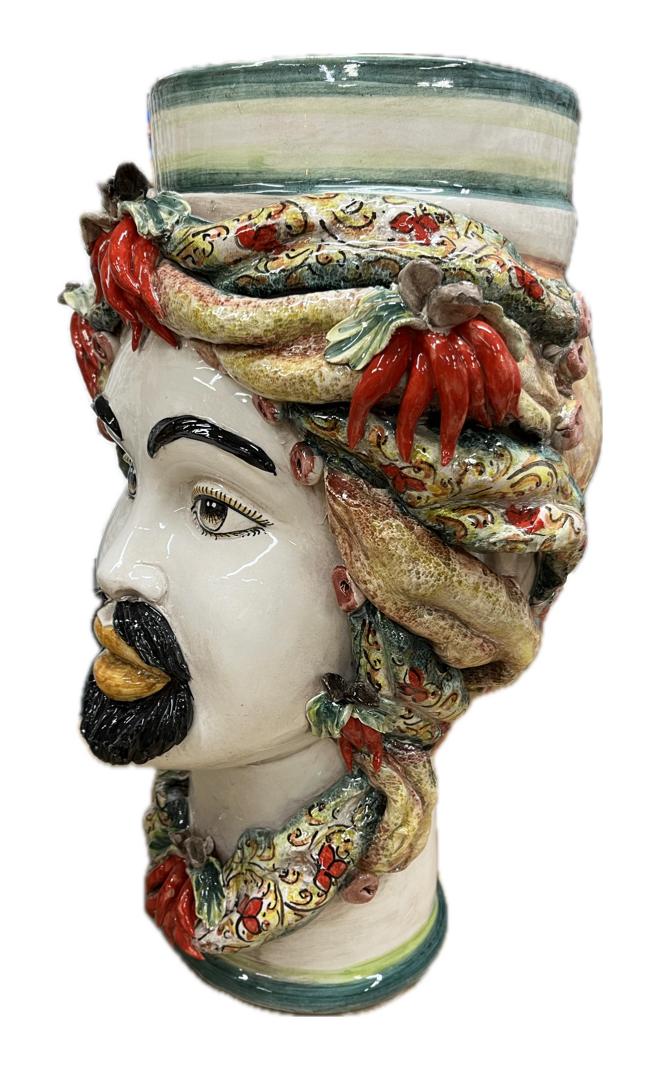 Teste di Moro decoro verde con peperoncini Produzione artigianale di Caltagirone h.50cm
