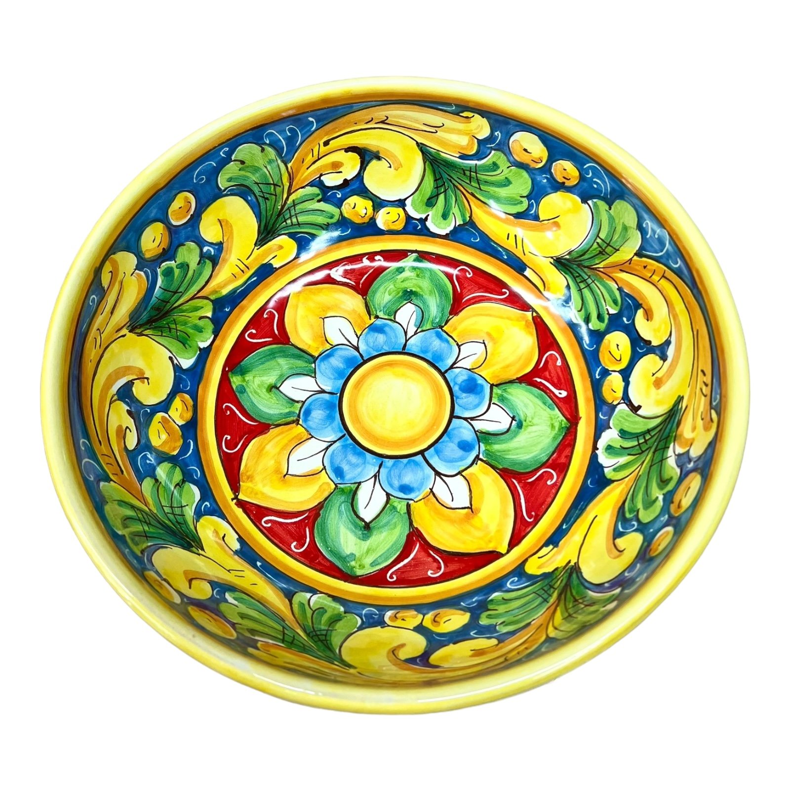 Ciotola centrotavola in ceramica siciliana decoro ornato barocco giallo e verde Produzione artigianale di Santo Stefano di Camastra Diametro 25cm