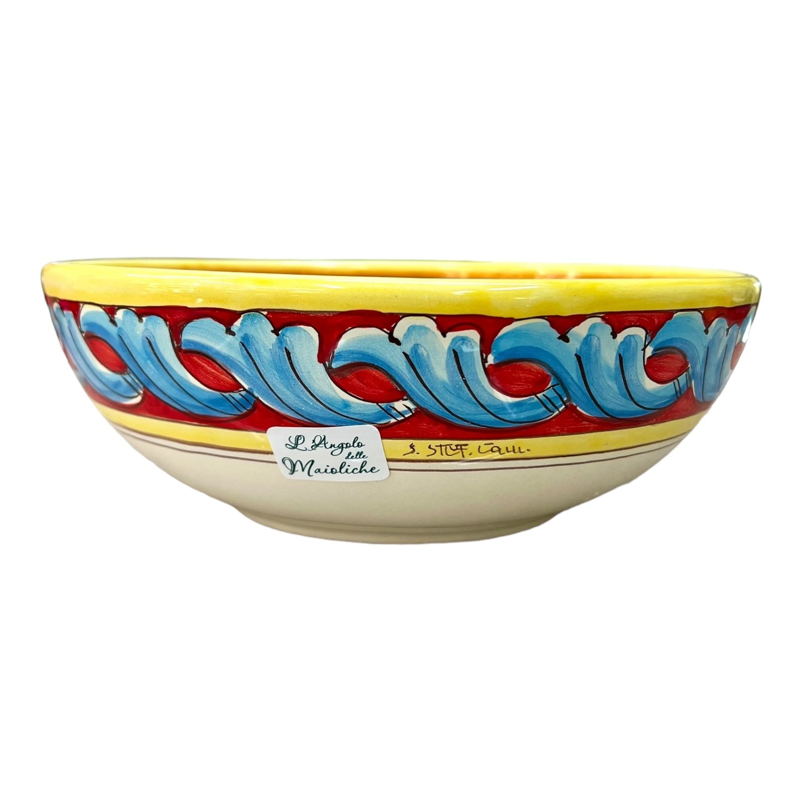 Ciotola centrotavola in ceramica siciliana decoro ornato barocco giallo e verde Produzione artigianale di Santo Stefano di Camastra Diametro 25cm