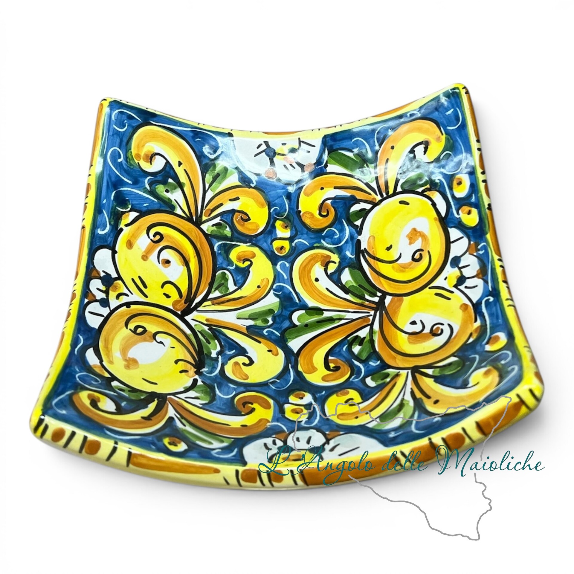 Svuota tasche Porta caramelle decoro limoni fondo blu in ceramica siciliana Produzione artigianale di Caltagirone Lunghezza 17cm