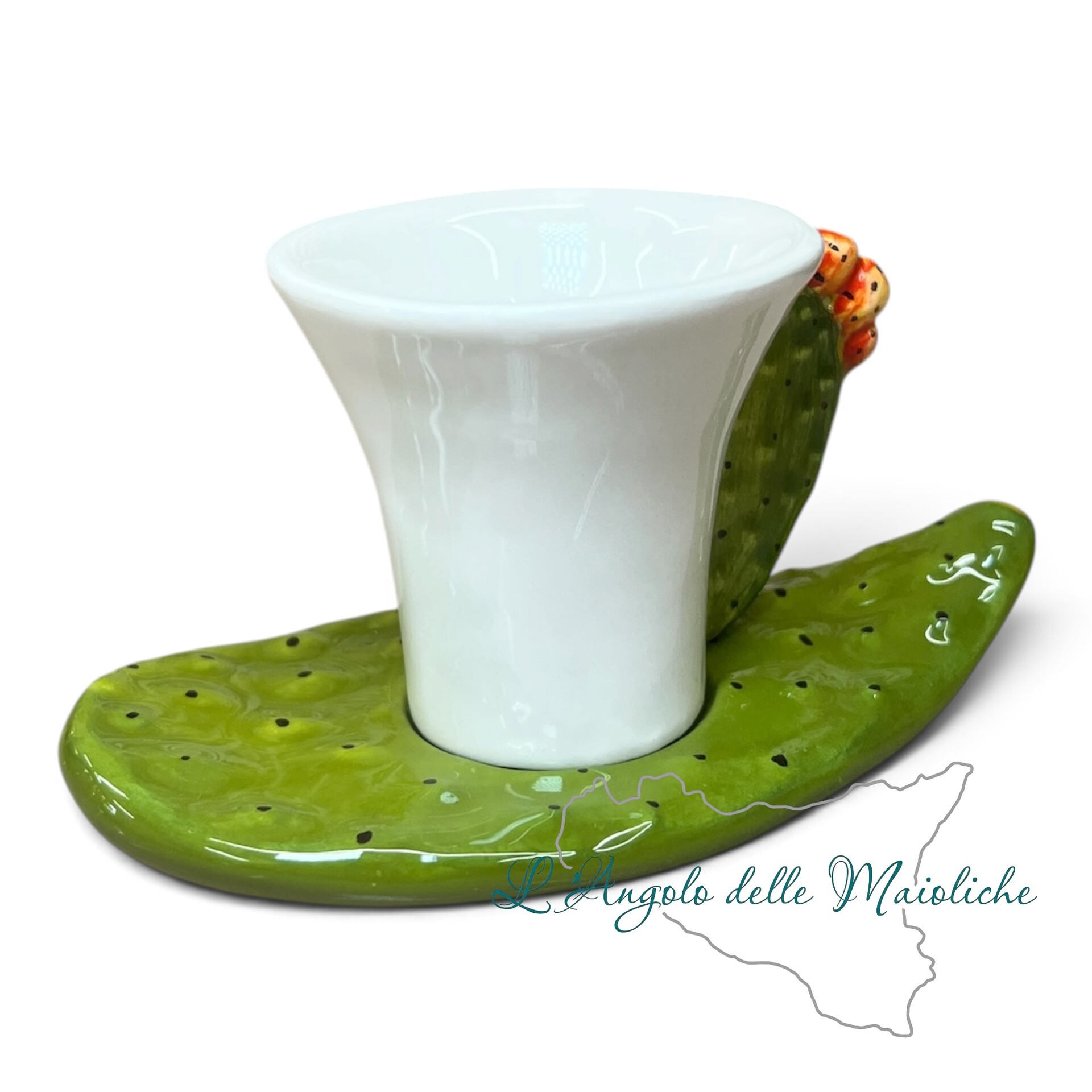 Tazzina espresso con piattino fico d’india in ceramica siciliana Produzione artigianale di Catania h.10cm