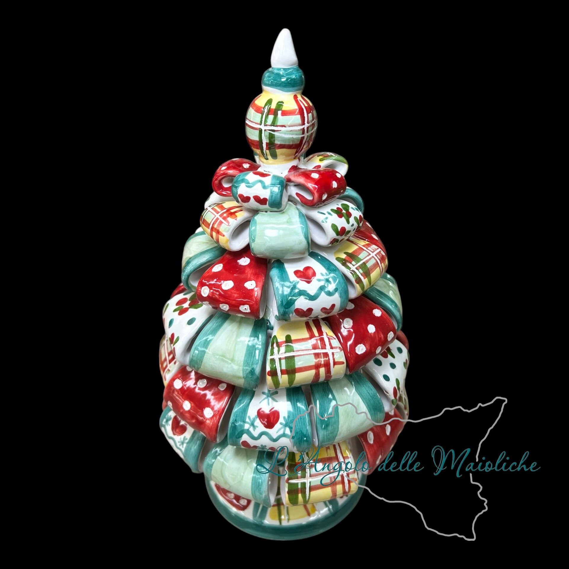 Albero di Natale in ceramica siciliana modello nastrini da appoggio Produzione artigianale di Caltagirone h.28cm