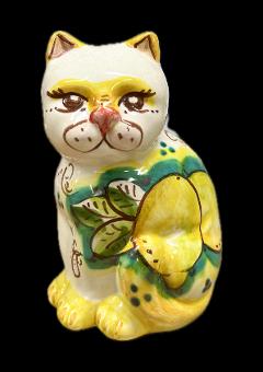 Gatto in ceramica decoro limoni su fondo verde Produzione artigianale di Caltagirone h.13cm