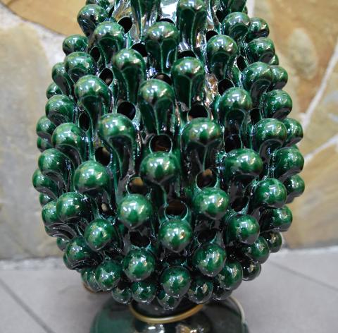 Lampada pigna siciliana in ceramica verde ramina Produzione artigianale di Caltagirone h.35 cm