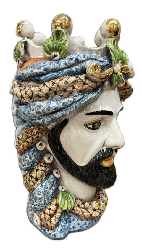 Testa di moro uomo in ceramica siciliana con corona e dettagli in oro Produzione artigianale di Caltagirone h.40cm