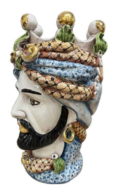 Testa di moro uomo in ceramica siciliana con corona e dettagli in oro Produzione artigianale di Caltagirone h.40cm