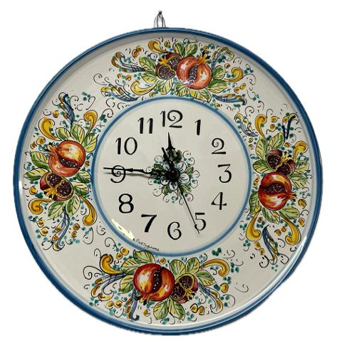 Orologio da parete con melograni fondo bianco in ceramica siciliana Produzione artigianale di Caltagirone diametro 45cm