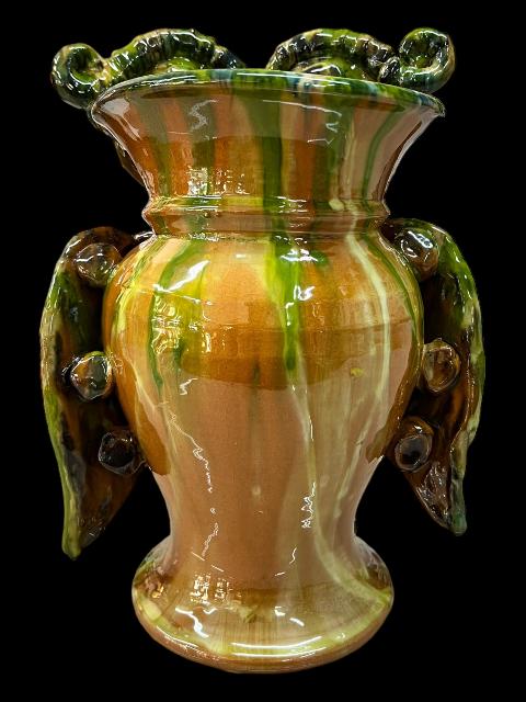 Gufo in ceramica siciliana decorata colore verde e giallo Produzione artigianale Santo Stefano di Camastra h.30cm