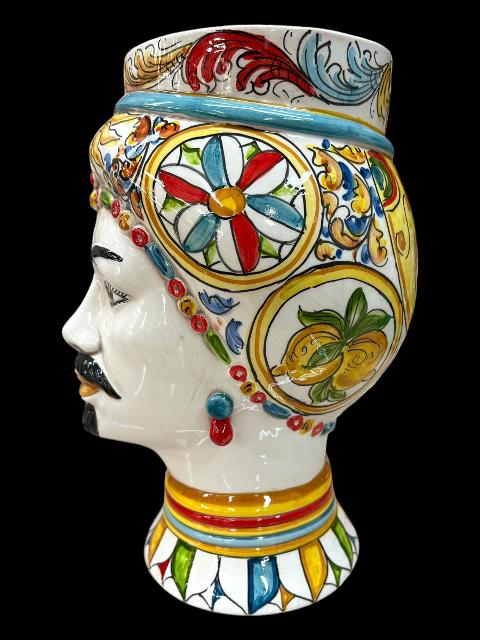 Testa di moro in ceramica siciliana decoro carretto modello Token Produzione artigianale  di Caltagirone h.31cm