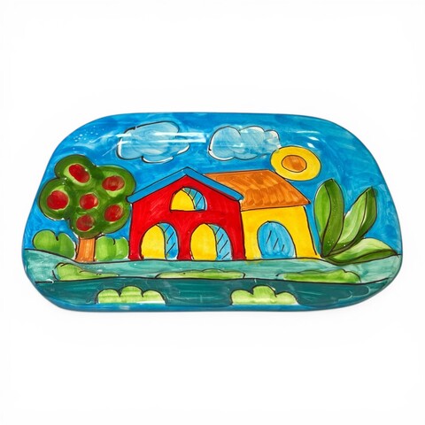 Set caffè due tazzine tête-à-tête con vassoio decoro naif case fondo blu Produzione artigianale di Santo Stefano di Camastra lunghezza 20cm