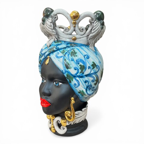 Testa di Moro Diana donna in ceramica siciliana decoro seicento celeste dettagli in oro sfere verdi Produzione artigianale di Caltagirone h.40cm