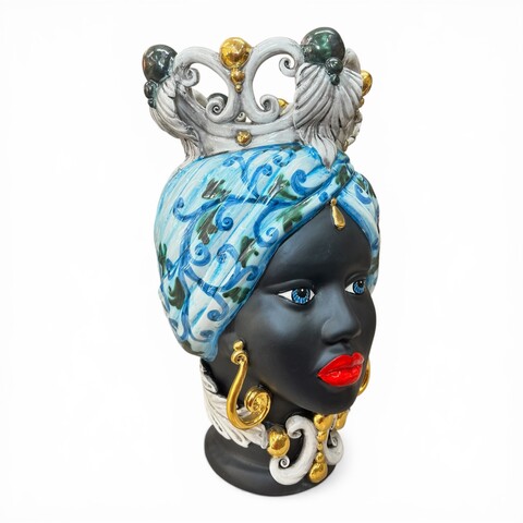 Testa di Moro Diana donna in ceramica siciliana decoro seicento celeste dettagli in oro sfere verdi Produzione artigianale di Caltagirone h.40cm