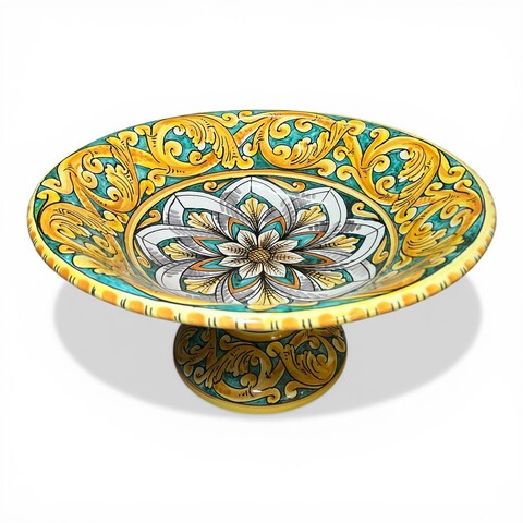 Alzata centrotavola in ceramica siciliana decoro ornato giallo fondo verde Produzione artigianale di Santo Stefano di Camastra Diametro 40cm