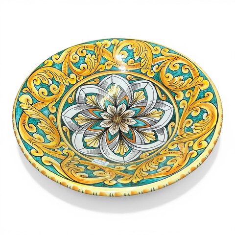 Alzata centrotavola in ceramica siciliana decoro ornato giallo fondo verde Produzione artigianale di Santo Stefano di Camastra Diametro 40cm
