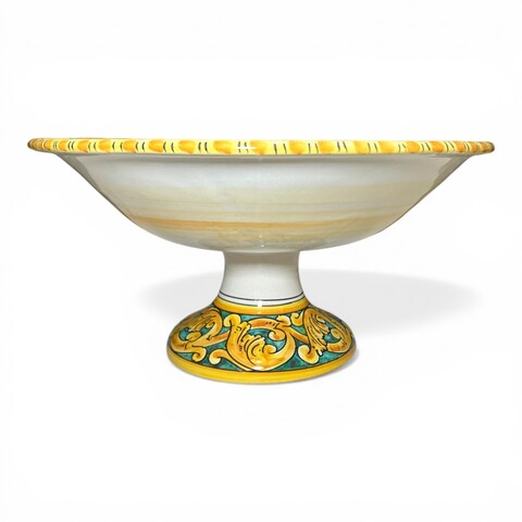 Alzata centrotavola in ceramica siciliana decoro ornato giallo fondo verde Produzione artigianale di Santo Stefano di Camastra Diametro 40cm