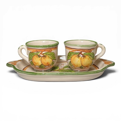 Set caffè due tazzine tête-à-tête con vassoio decoro con limoni popolare in ceramica siciliana Produzione artigianale di Santo Stefano di Camastra lunghezza 20cm