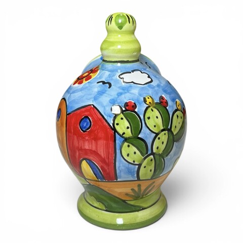 Saliera a salvadanaio piccola decoro naif case e fichi d'india in ceramica siciliana Produzione artigianale di Santo Stefano di Camastra h.15cm