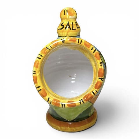 Saliera a salvadanaio piccola decoro naif case e fichi d'india in ceramica siciliana Produzione artigianale di Santo Stefano di Camastra h.15cm