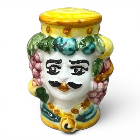 Teste di moro Sale e Pepe decoro frutta in ceramica siciliana Produzione artigianale di Caltagirone h.6cm